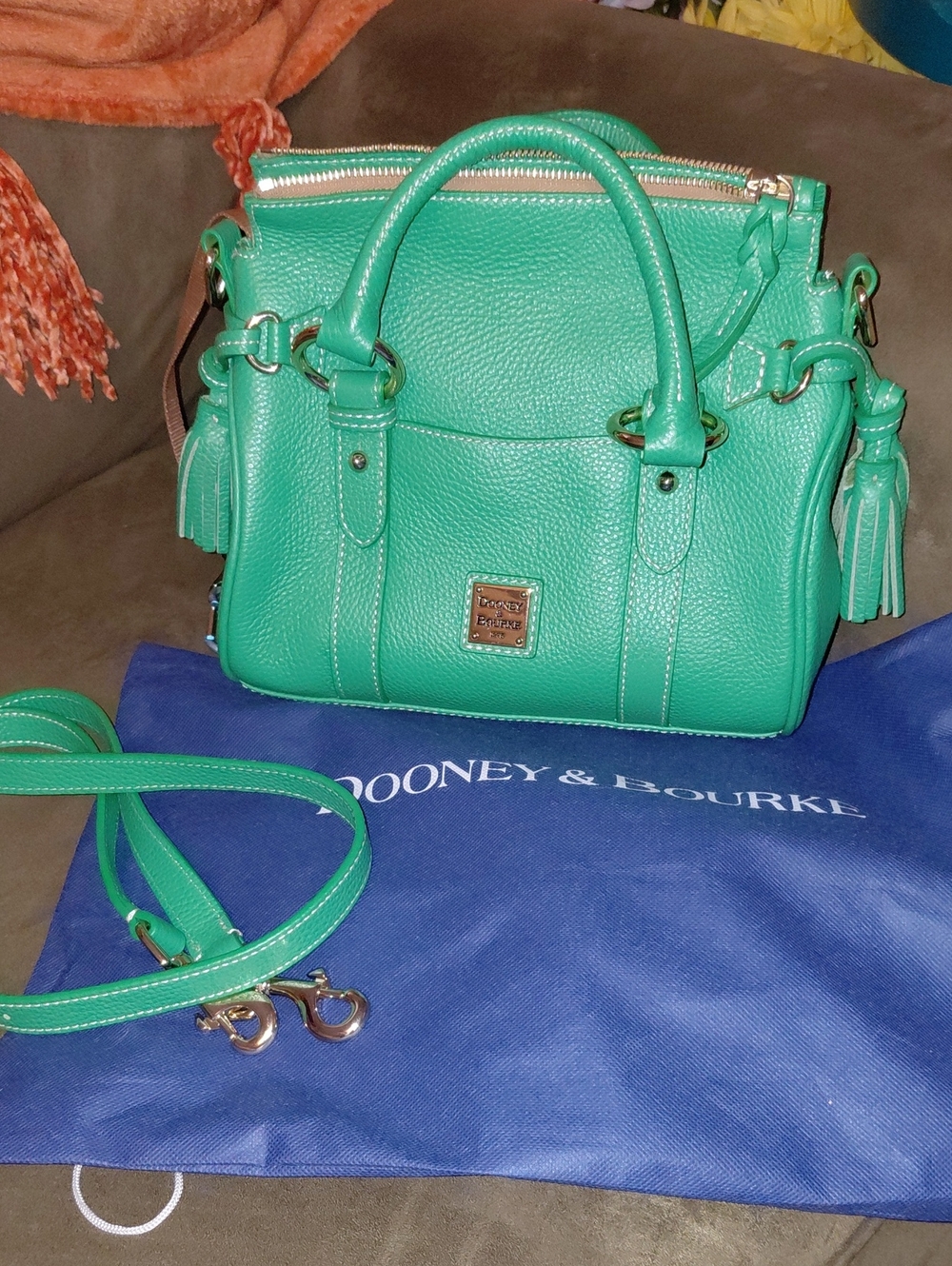 Dooney & Bourke Teal Pebbled Leather Satchel with Tassels